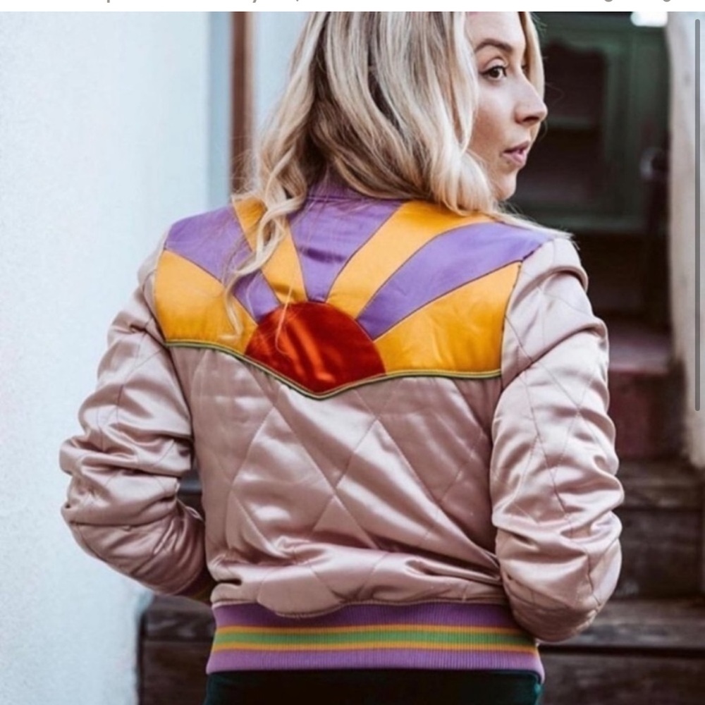Anthropologie Classic Rock Couture Rising Sun Satin Bomber Jacket Coat